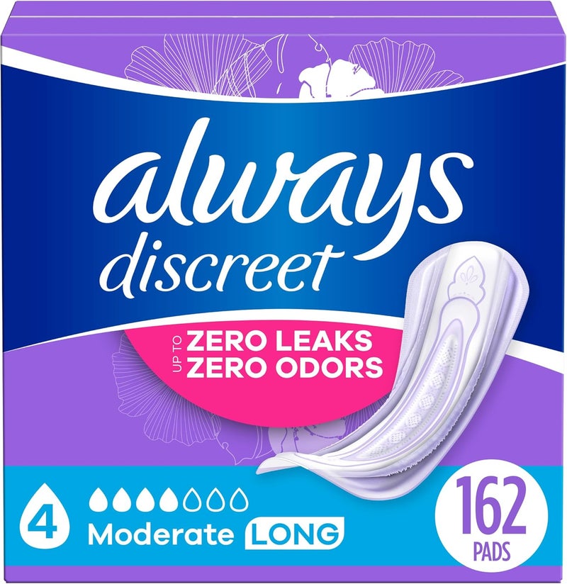 Always Discreet Always Discreet Adult Incontinence Pads for Women, Moderate Absorbency, Long Length, Postpartum Pads, 162 CT 