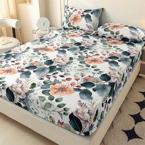 LweiPsqLin Full Size Fitted Sheet - Floral Brushed Microfiber Bed Sheet with 15 Inch Deep Pocket Elastic Edges - Shrink & Fade Resistant, Botanical Print Bedding - Image 2