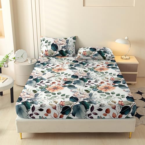 LweiPsqLin Full Size Fitted Sheet - Floral Brushed Microfiber Bed Sheet with 15 Inch Deep Pocket Elastic Edges - Shrink & Fade Resistant, Botanical Print Bedding - Image 1