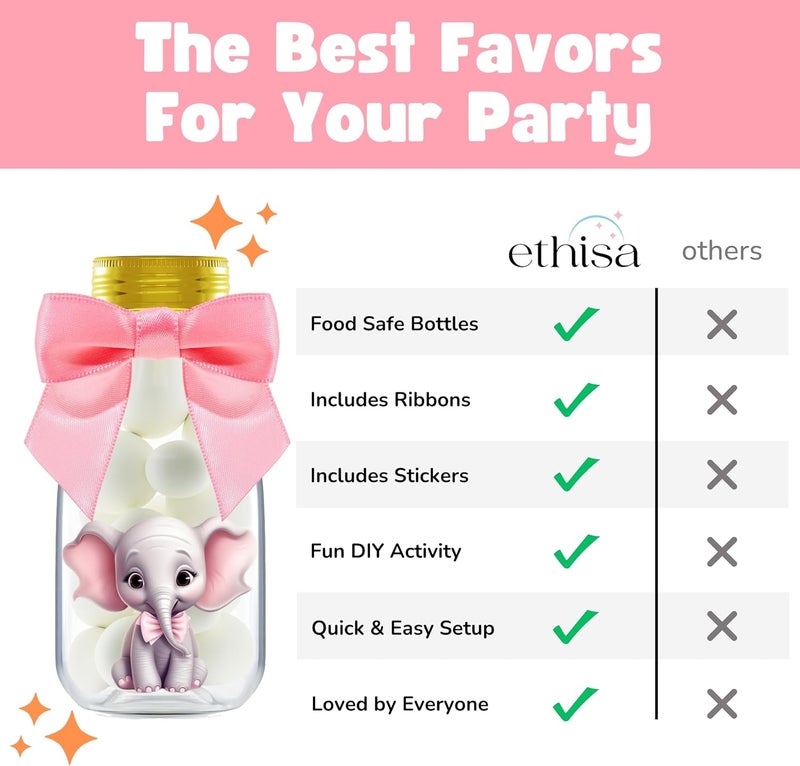 Ethisa Small 12 Pack Pink Elephant Party Favors - Candy Jars with Ribbons and Stickers - DIY Party Decoration Bottles for Baby Shower, Birthday, Gender Reveal, and Classroom - Girl Table Centerpiece - Image 5