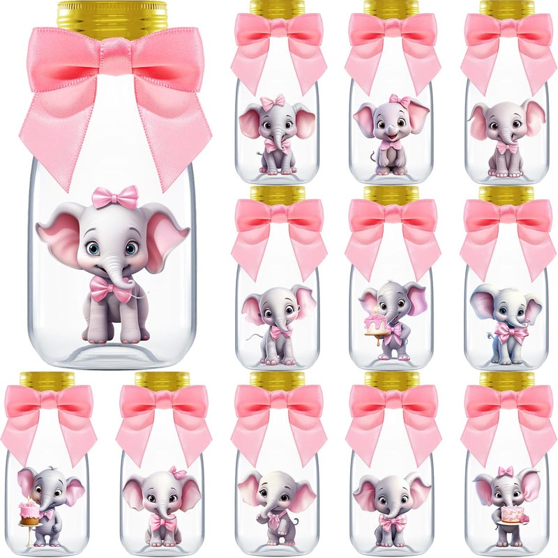 Ethisa Small 12 Pack Pink Elephant Party Favors - Candy Jars with Ribbons and Stickers - DIY Party Decoration Bottles for Baby Shower, Birthday, Gender Reveal, and Classroom - Girl Table Centerpiece - Image 1