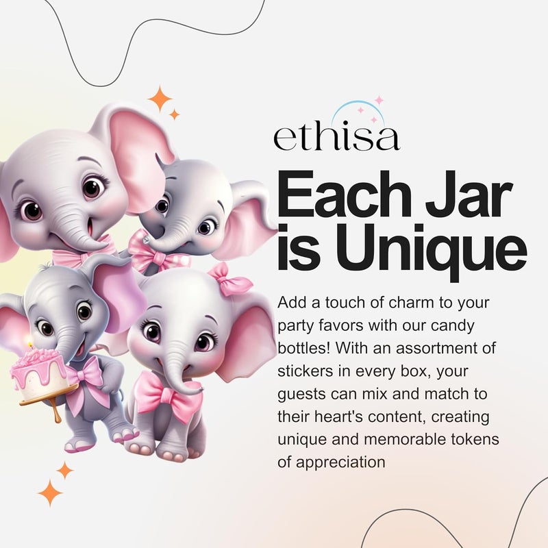 Ethisa Small 12 Pack Pink Elephant Party Favors - Candy Jars with Ribbons and Stickers - DIY Party Decoration Bottles for Baby Shower, Birthday, Gender Reveal, and Classroom - Girl Table Centerpiece - Image 3