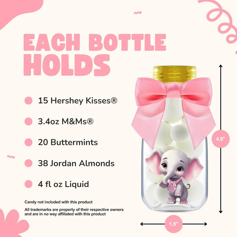 Ethisa Small 12 Pack Pink Elephant Party Favors - Candy Jars with Ribbons and Stickers - DIY Party Decoration Bottles for Baby Shower, Birthday, Gender Reveal, and Classroom - Girl Table Centerpiece - Image 4