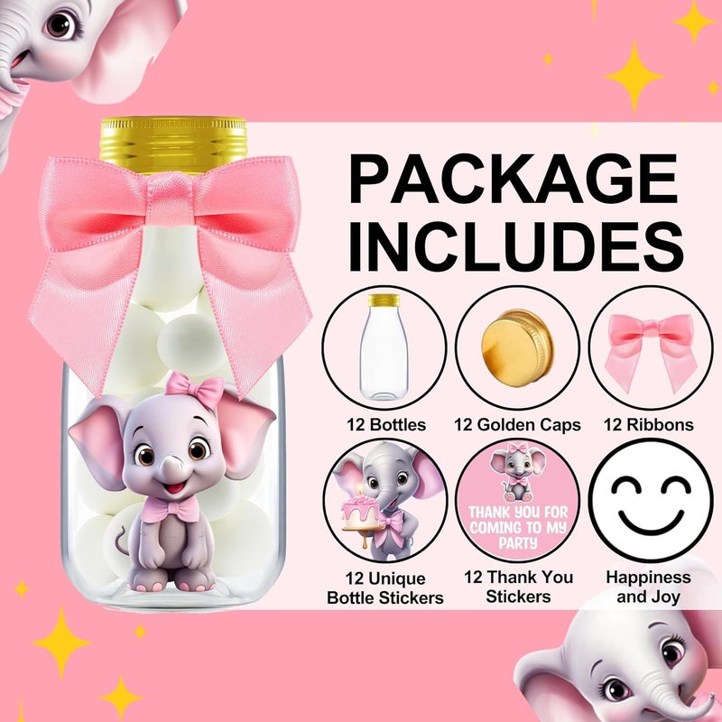Ethisa Small 12 Pack Pink Elephant Party Favors - Candy Jars with Ribbons and Stickers - DIY Party Decoration Bottles for Baby Shower, Birthday, Gender Reveal, and Classroom - Girl Table Centerpiece - Image 2