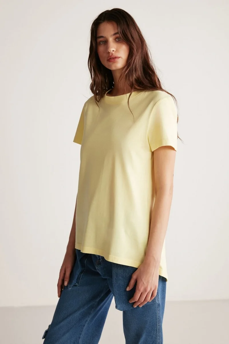 GRIMELANGE Samantha Women's Comfort Fit 100% Organic Cotton Basic Knitted Light Yellow T-shirt