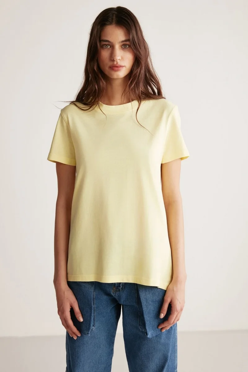 GRIMELANGE Samantha Women's Comfort Fit 100% Organic Cotton Basic Knitted Light Yellow T-shirt