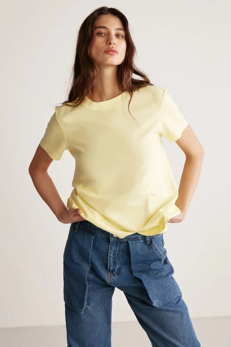 GRIMELANGE Samantha Women's Comfort Fit 100% Organic Cotton Basic Knitted Light Yellow T-shirt