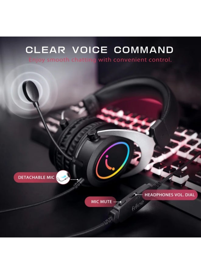 فيفين سماعة رأس للألعاب من FIFINE مزودة بإضاءة RGB ديناميكية/ميكروفون/وحدة تحكم مدمجة، ووسادات أذن من إسفنج الذاكرة فائق النعومة، لأجهزة الكمبيوتر الشخصية، وPS4، وPS5، وXbox، وأجهزة الكمبيوتر المحمولة - H3 - Image 1