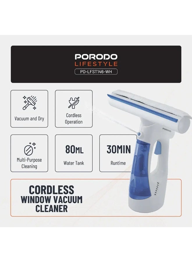 porodo Handheld Window Cleaner, Cordless Vacuum, Sprayer, 80ml Water Tank, 30-Minute Runtime, Powerful Suction, Multi-Purpose Use, Ideal for Windows, Mirrors, and Glass – White - Image 5