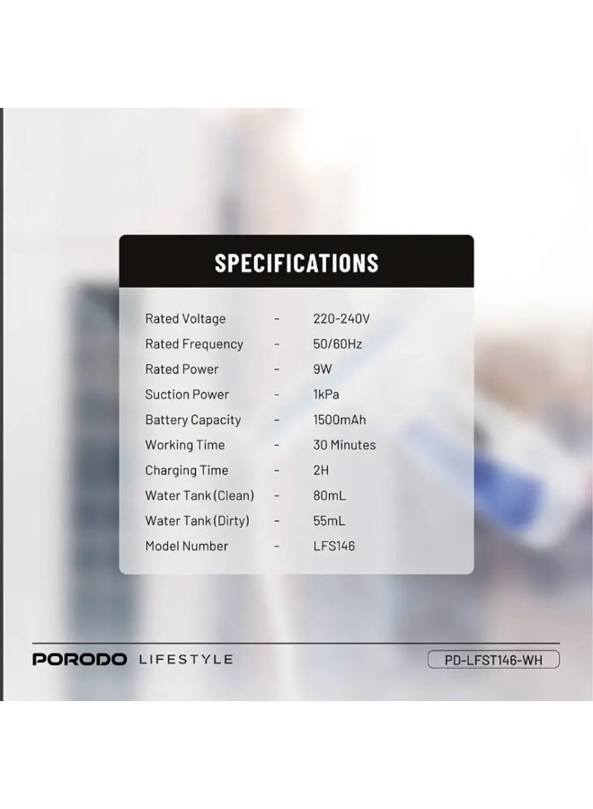 porodo Handheld Window Cleaner, Cordless Vacuum, Sprayer, 80ml Water Tank, 30-Minute Runtime, Powerful Suction, Multi-Purpose Use, Ideal for Windows, Mirrors, and Glass – White - Image 3