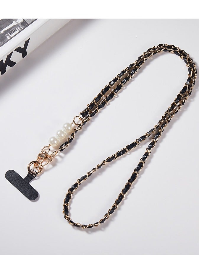 Universal Phone Lanyard, Pearl Metal Cell Phone Chain Women Girl Crossbody Strap Anti-Theft Detachable Cellphone Lanyards Around the Neck with Patches for Most Smartphones - Black  - Image 1