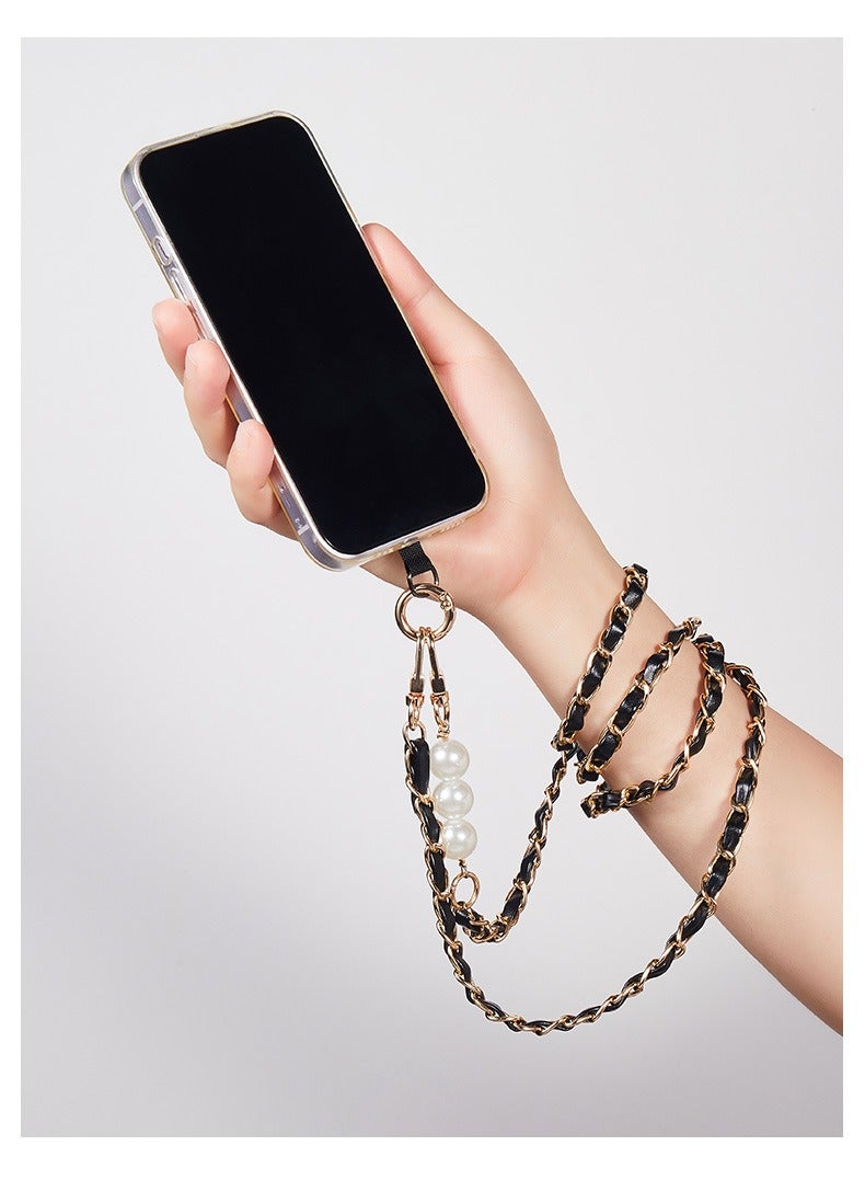 Universal Phone Lanyard, Pearl Metal Cell Phone Chain Women Girl Crossbody Strap Anti-Theft Detachable Cellphone Lanyards Around the Neck with Patches for Most Smartphones - Black  - Image 2