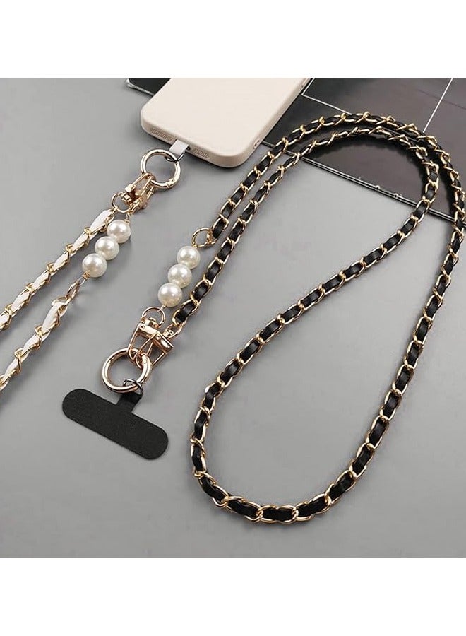Universal Phone Lanyard, Pearl Metal Cell Phone Chain Women Girl Crossbody Strap Anti-Theft Detachable Cellphone Lanyards Around the Neck with Patches for Most Smartphones - Black  - Image 3