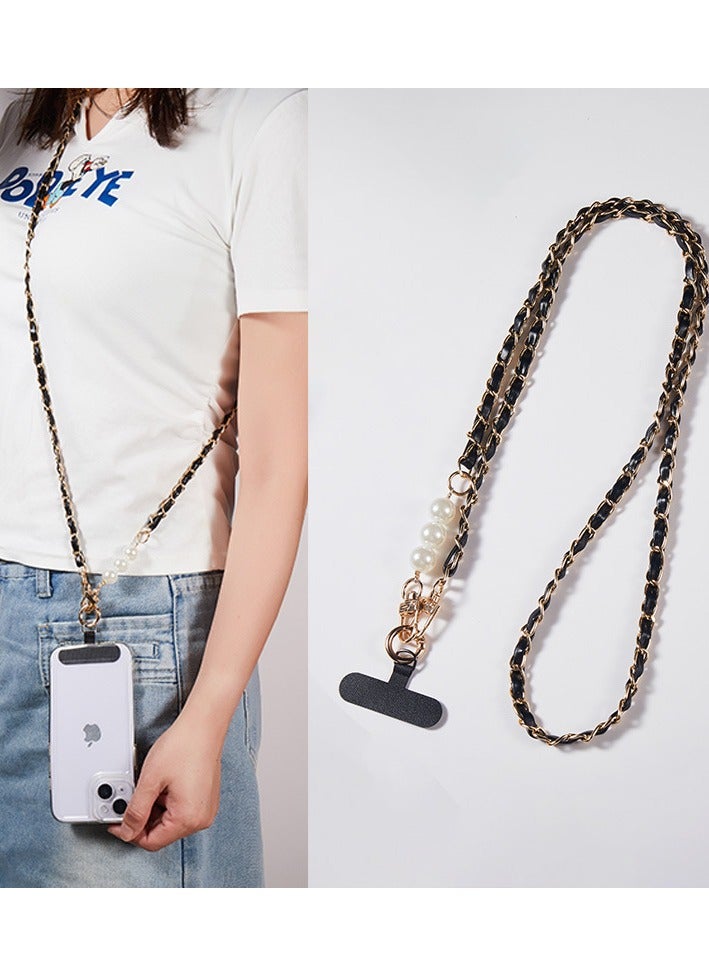 Universal Phone Lanyard, Pearl Metal Cell Phone Chain Women Girl Crossbody Strap Anti-Theft Detachable Cellphone Lanyards Around the Neck with Patches for Most Smartphones - Black  - Image 4