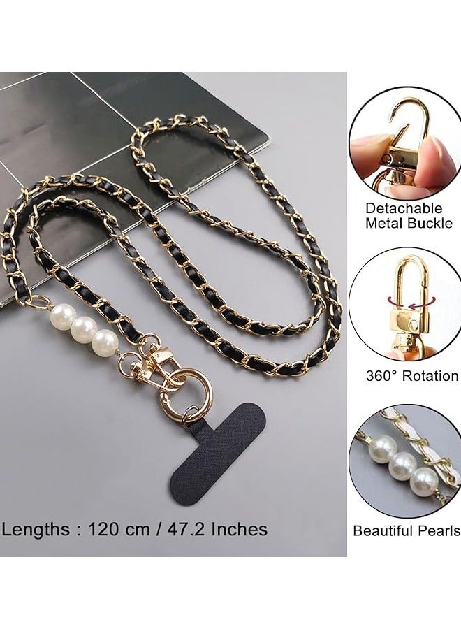 Universal Phone Lanyard, Pearl Metal Cell Phone Chain Women Girl Crossbody Strap Anti-Theft Detachable Cellphone Lanyards Around the Neck with Patches for Most Smartphones - Black  - Image 5