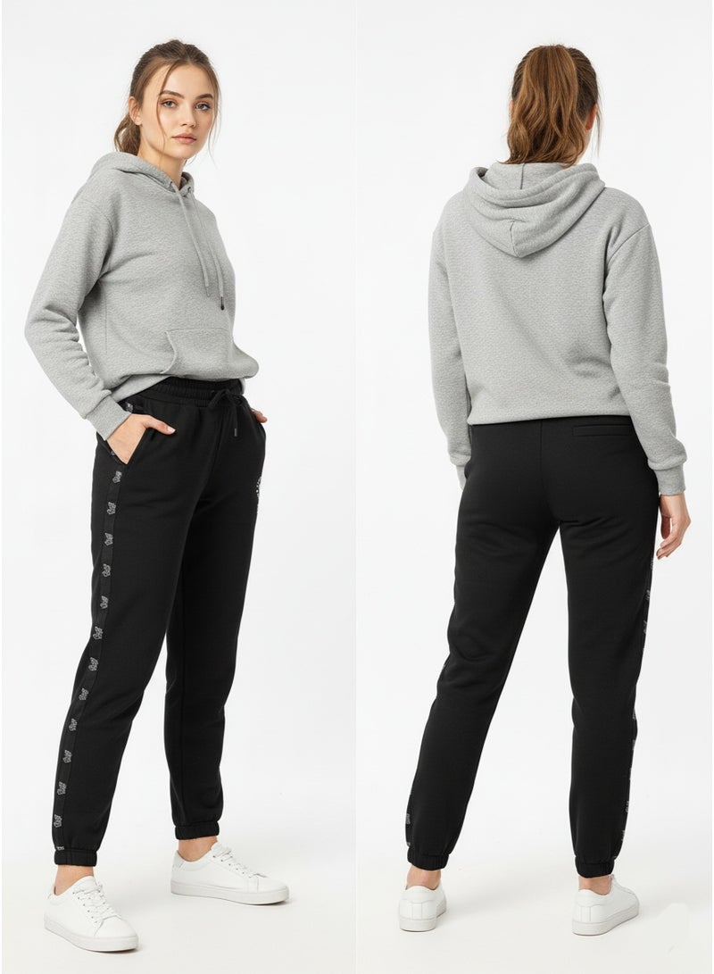 polinesia Women's Black Jogger Pants With Side Tape – Drawstring Waist Sweatpants With Pockets, Casual Trouser - Image 3