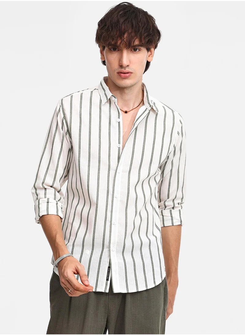 كامبوس سوترا Men's Saltbox Beige & Sage Green Lined Halo-Striped Shirt