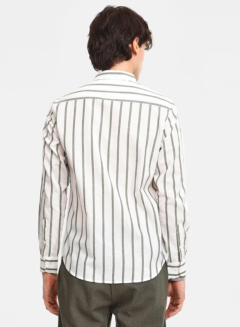 كامبوس سوترا Men's Saltbox Beige & Sage Green Lined Halo-Striped Shirt