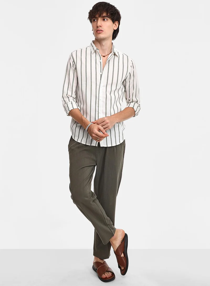 كامبوس سوترا Men's Saltbox Beige & Sage Green Lined Halo-Striped Shirt
