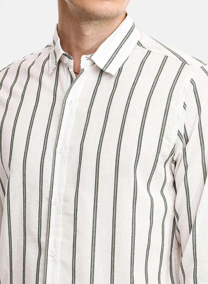 كامبوس سوترا Men's Saltbox Beige & Sage Green Lined Halo-Striped Shirt