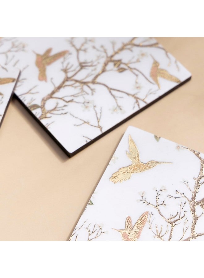 DULI Set of 6 MDF Coasters with Golden Hummingbird Design - 10cm Square with Lacquered Finish and Protective Case (MCDCS6case- WhiteGoldBirds) - Image 2