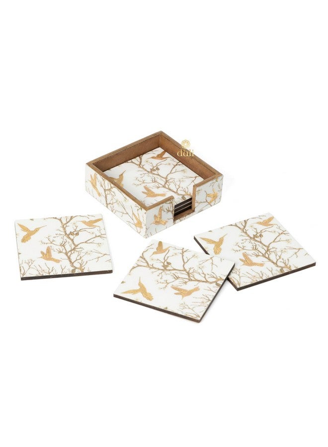 DULI Set of 6 MDF Coasters with Golden Hummingbird Design - 10cm Square with Lacquered Finish and Protective Case (MCDCS6case- WhiteGoldBirds) - Image 5