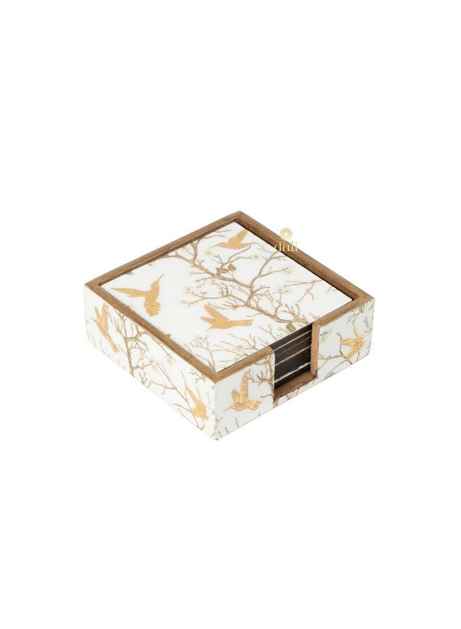 DULI Set of 6 MDF Coasters with Golden Hummingbird Design - 10cm Square with Lacquered Finish and Protective Case (MCDCS6case- WhiteGoldBirds) - Image 4