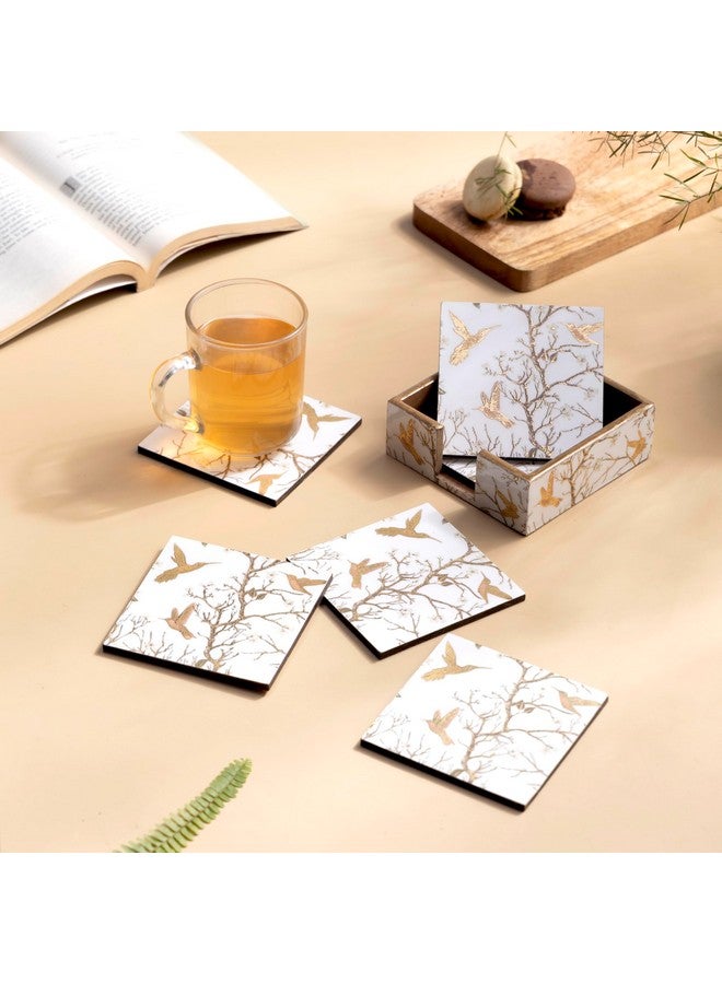 DULI Set of 6 MDF Coasters with Golden Hummingbird Design - 10cm Square with Lacquered Finish and Protective Case (MCDCS6case- WhiteGoldBirds) - Image 1