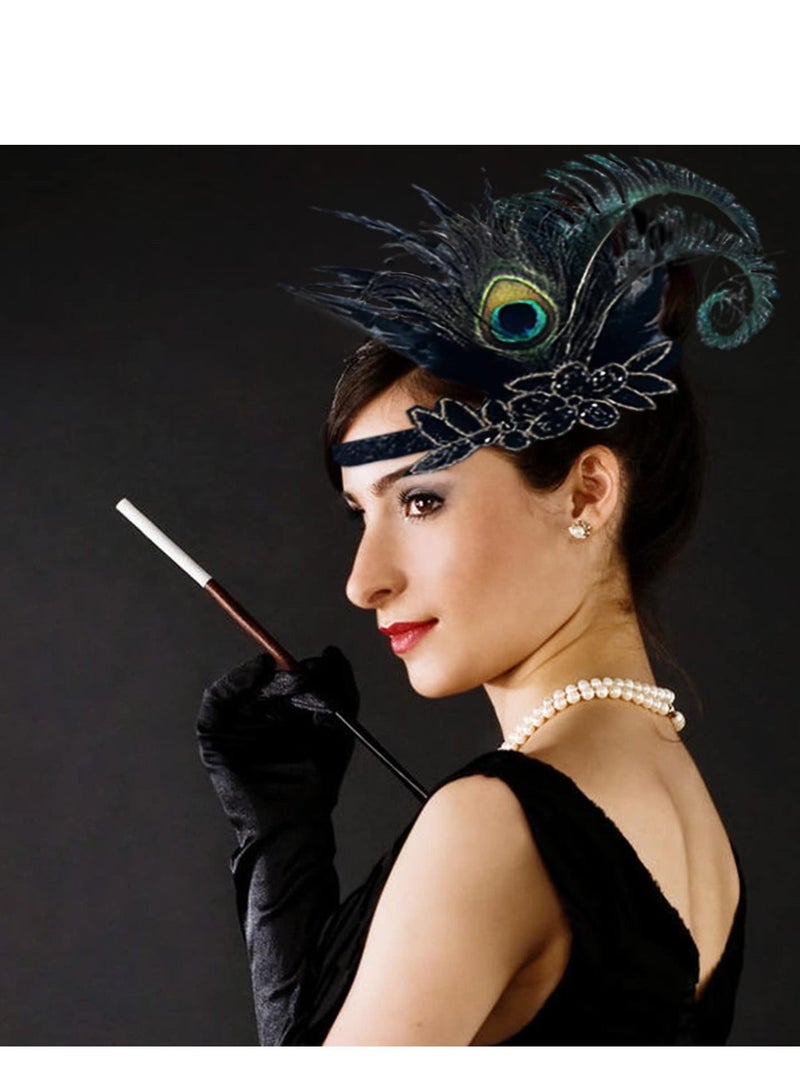 إسكدنيا 1920s Accessories Flapper Gatsby Costume Women Set 20s Headband Pearl Necklace Gloves Lace Fan Holder, Black Green - Image 3