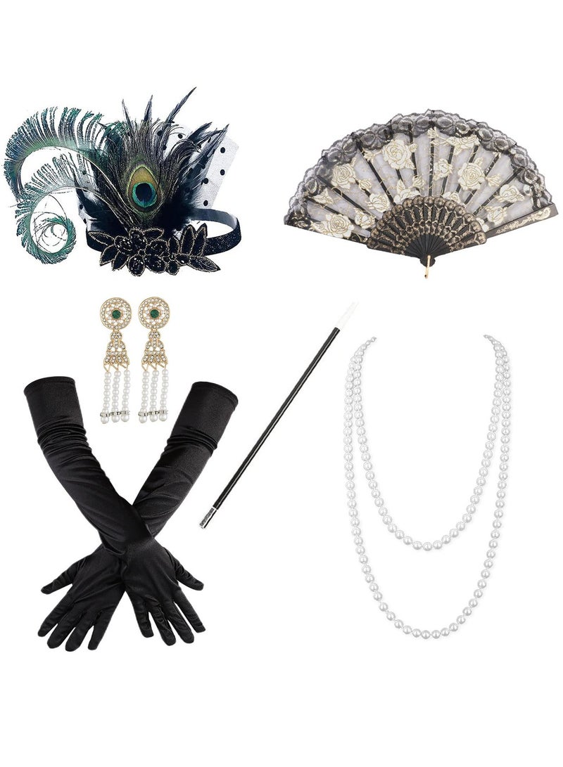 إسكدنيا 1920s Accessories Flapper Gatsby Costume Women Set 20s Headband Pearl Necklace Gloves Lace Fan Holder, Black Green - Image 1