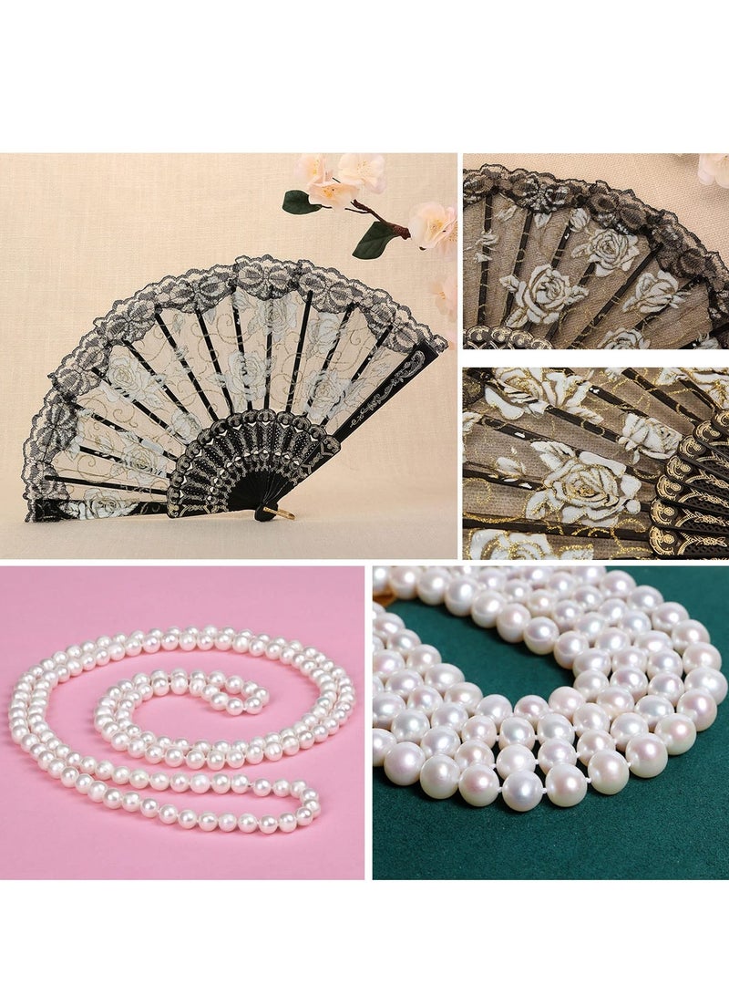 إسكدنيا 1920s Accessories Flapper Gatsby Costume Women Set 20s Headband Pearl Necklace Gloves Lace Fan Holder, Black Green - Image 4