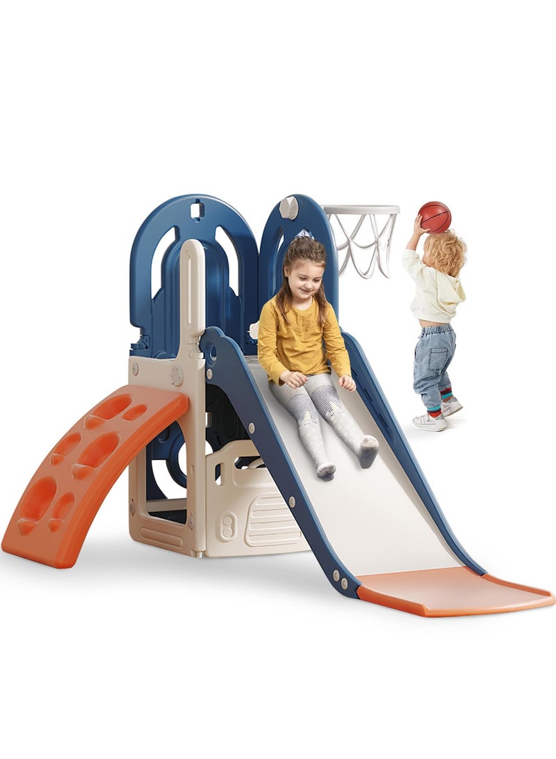 شو وو زحليقة أطفال 4 في 1، زحليقة إطار تسلق للأطفال الصغار من عمر 1 إلى 3 سنوات، زحليقة للأطفال مع طوق كرة سلة، صندوق تخزين، زحليقة أطفال داخلية وخارجية، ملعب تسلق، لون أزرق - Image 1