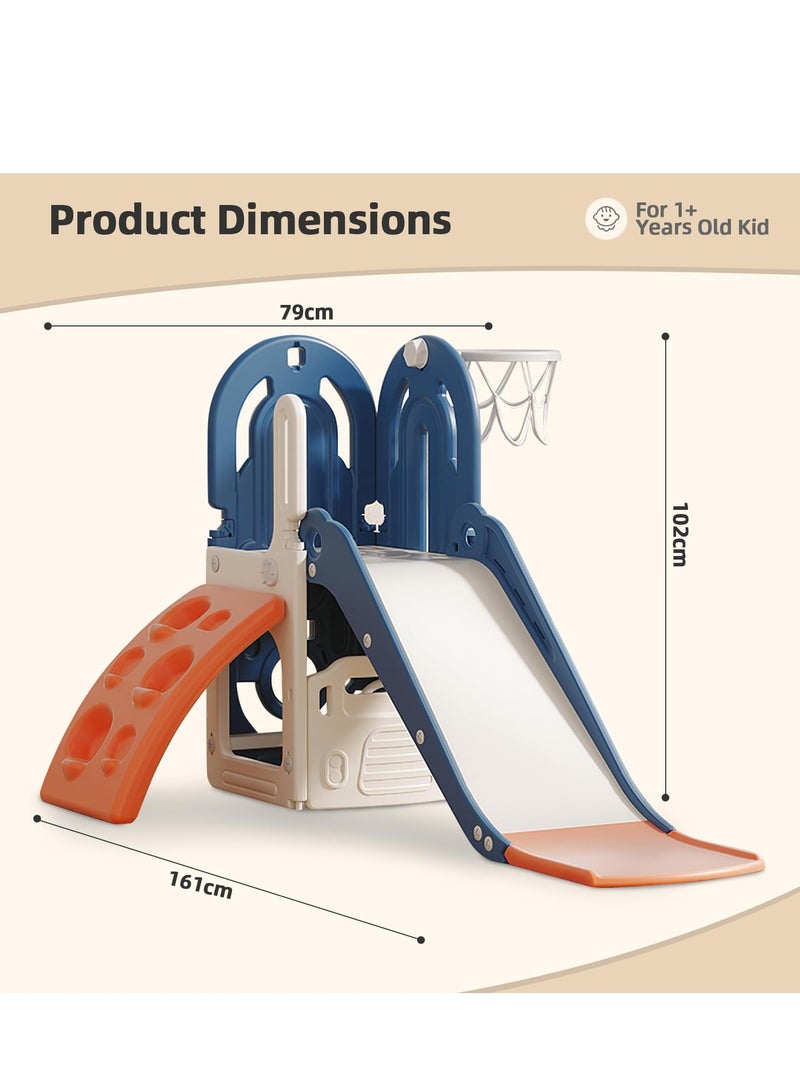 شو وو زحليقة أطفال 4 في 1، زحليقة إطار تسلق للأطفال الصغار من عمر 1 إلى 3 سنوات، زحليقة للأطفال مع طوق كرة سلة، صندوق تخزين، زحليقة أطفال داخلية وخارجية، ملعب تسلق، لون أزرق - Image 2