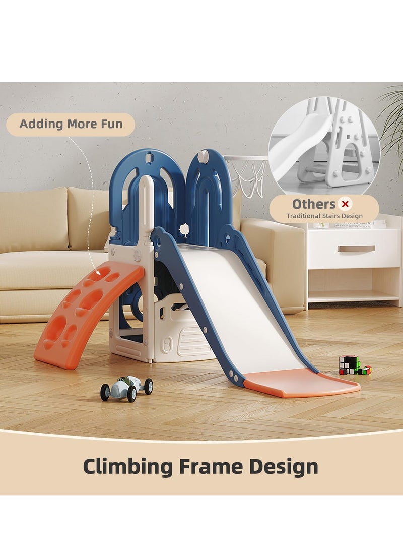 شو وو زحليقة أطفال 4 في 1، زحليقة إطار تسلق للأطفال الصغار من عمر 1 إلى 3 سنوات، زحليقة للأطفال مع طوق كرة سلة، صندوق تخزين، زحليقة أطفال داخلية وخارجية، ملعب تسلق، لون أزرق - Image 4