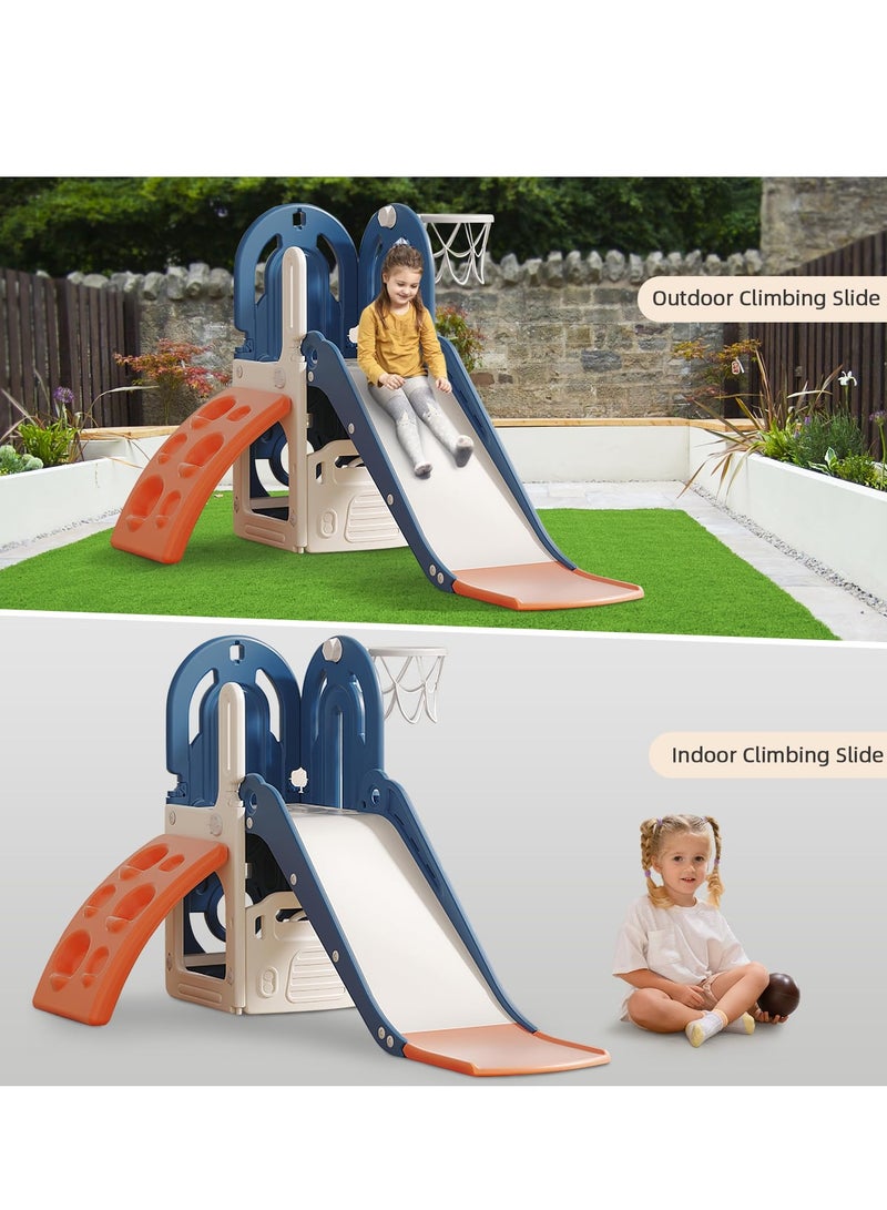 شو وو زحليقة أطفال 4 في 1، زحليقة إطار تسلق للأطفال الصغار من عمر 1 إلى 3 سنوات، زحليقة للأطفال مع طوق كرة سلة، صندوق تخزين، زحليقة أطفال داخلية وخارجية، ملعب تسلق، لون أزرق - Image 5