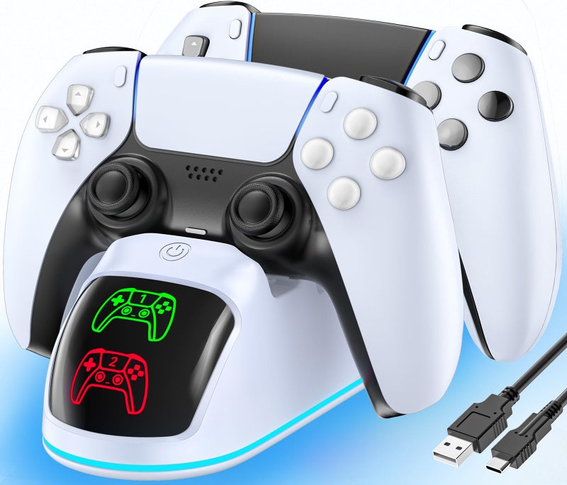 Rysker Controller Charger for PS5, Dual Charging Dock Station for PlayStation 5 Dualsense & Edge with RGB Light, Fast PS5 Dual Controller Charging Station with Cable for PlayStation Games - Image 1