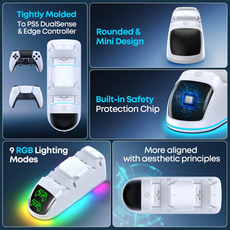 Rysker Controller Charger for PS5, Dual Charging Dock Station for PlayStation 5 Dualsense & Edge with RGB Light, Fast PS5 Dual Controller Charging Station with Cable for PlayStation Games - Image 2