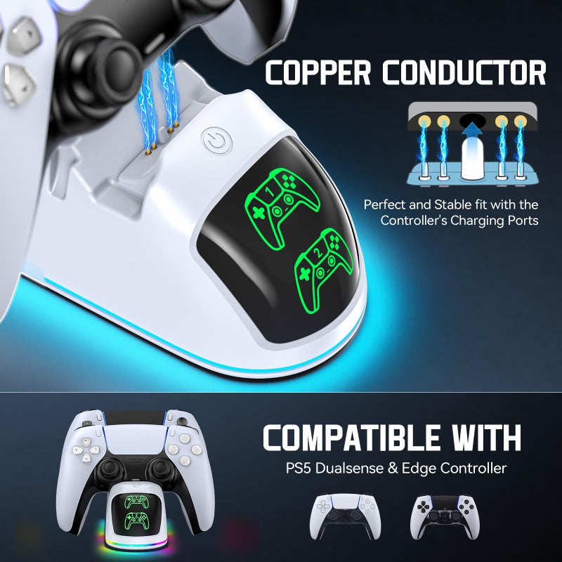 Rysker Controller Charger for PS5, Dual Charging Dock Station for PlayStation 5 Dualsense & Edge with RGB Light, Fast PS5 Dual Controller Charging Station with Cable for PlayStation Games - Image 5