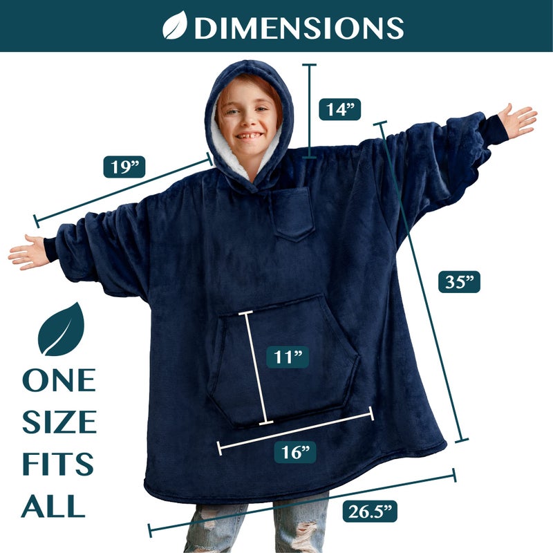 PAVILIA PAVILIA Wearable Blanket Sweatshirt Kids Boy Girl  Warm Cozy Giant Hoodie with Big Pocket and Long Sleeves  Fleece Sherpa Oversized Hooded Blanket Pullover Gift for Teens Youths  Navy  - Image 4
