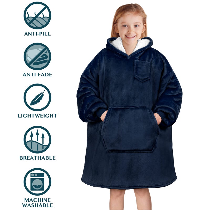 PAVILIA PAVILIA Wearable Blanket Sweatshirt Kids Boy Girl  Warm Cozy Giant Hoodie with Big Pocket and Long Sleeves  Fleece Sherpa Oversized Hooded Blanket Pullover Gift for Teens Youths  Navy  - Image 5