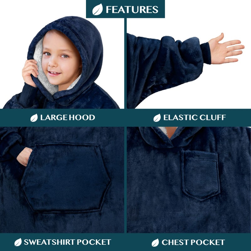 PAVILIA PAVILIA Wearable Blanket Sweatshirt Kids Boy Girl  Warm Cozy Giant Hoodie with Big Pocket and Long Sleeves  Fleece Sherpa Oversized Hooded Blanket Pullover Gift for Teens Youths  Navy  - Image 2