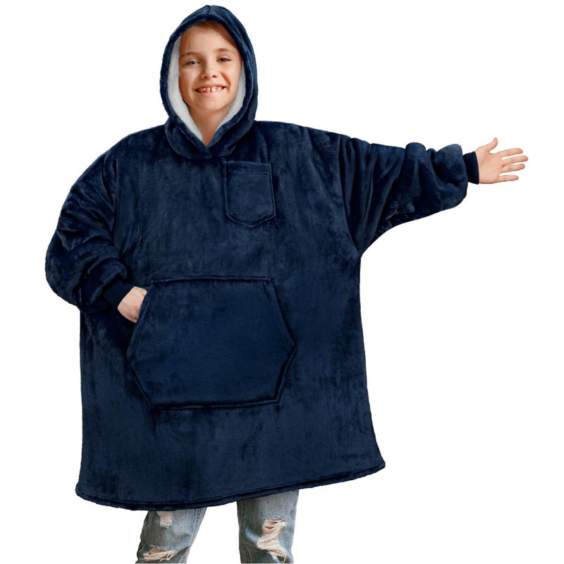 PAVILIA PAVILIA Wearable Blanket Sweatshirt Kids Boy Girl  Warm Cozy Giant Hoodie with Big Pocket and Long Sleeves  Fleece Sherpa Oversized Hooded Blanket Pullover Gift for Teens Youths  Navy  - Image 1
