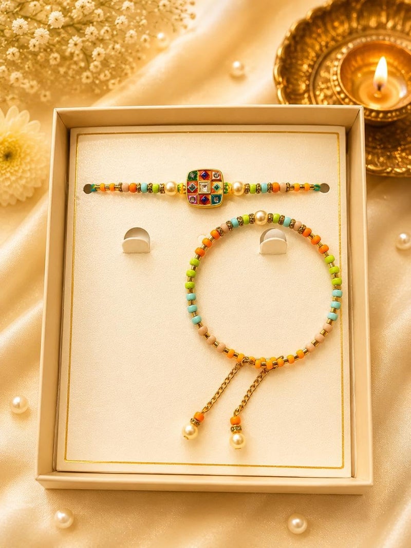 Bhai Bhabhi Pair Rakhi Set with Kashmiri Bracelet Rakhi | Rakshabandhan Special, Beaded Design, Decorative Gift Box, Colourful Beads, Adjustable Chain