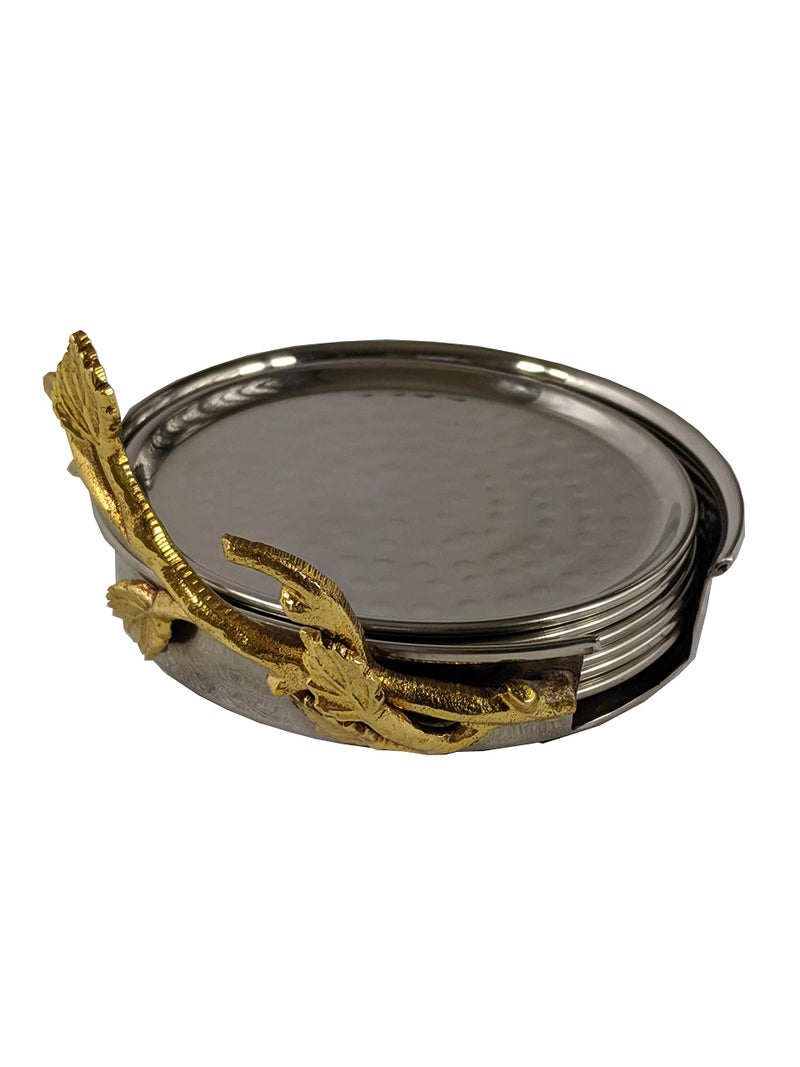 Elegance Golden Vine Hammered Coaster Set with Holder  4""  Silver/Gold - Image 1