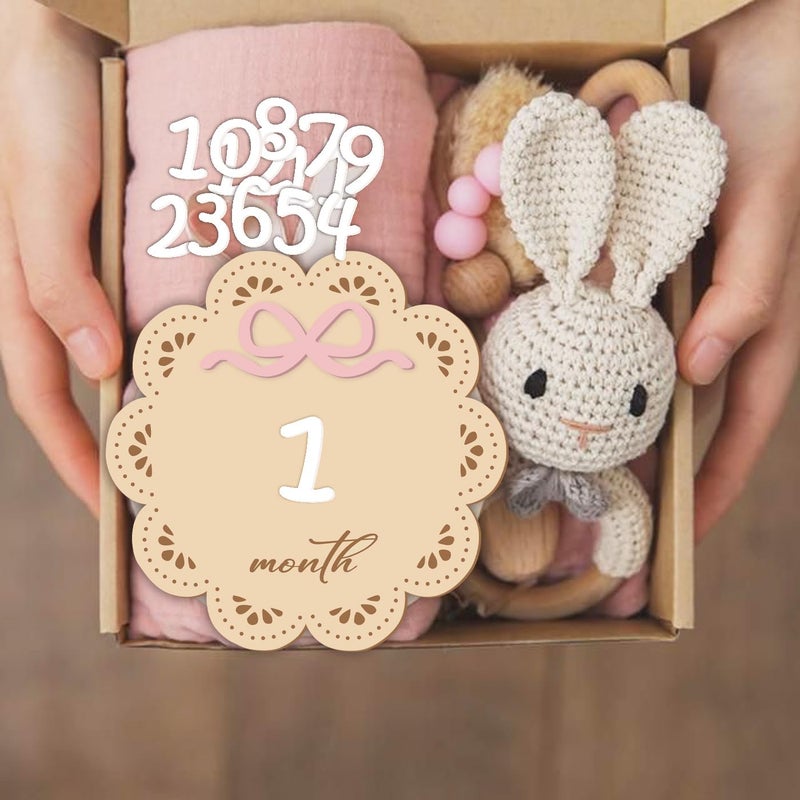 eoscasely Monthly Baby Milestone Wooden Signs, Double-Sided Bow-Themed Baby Milestone Discs with Hello World & My First Holiday Designs â€“Cute Baby Announcement Sign & Photoshoot Props for Boys and Girls (Daisy) - Image 2