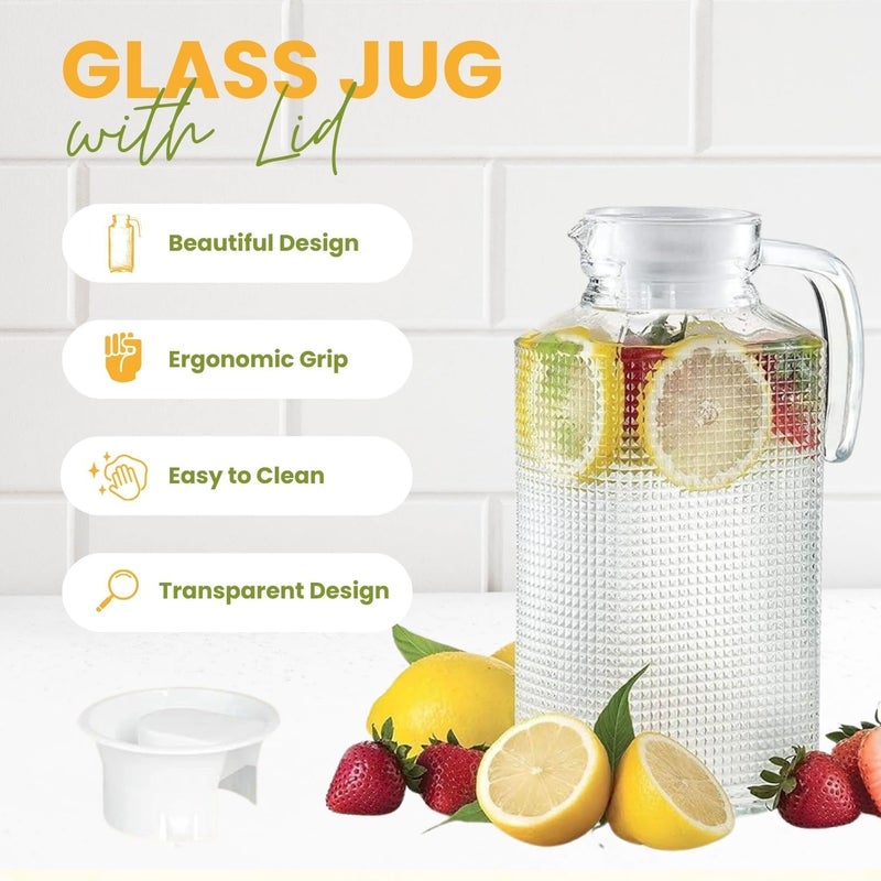 Glass Water Pitcher with Textured Design, 1.6L Capacity, Handle and Lid  - Image 5