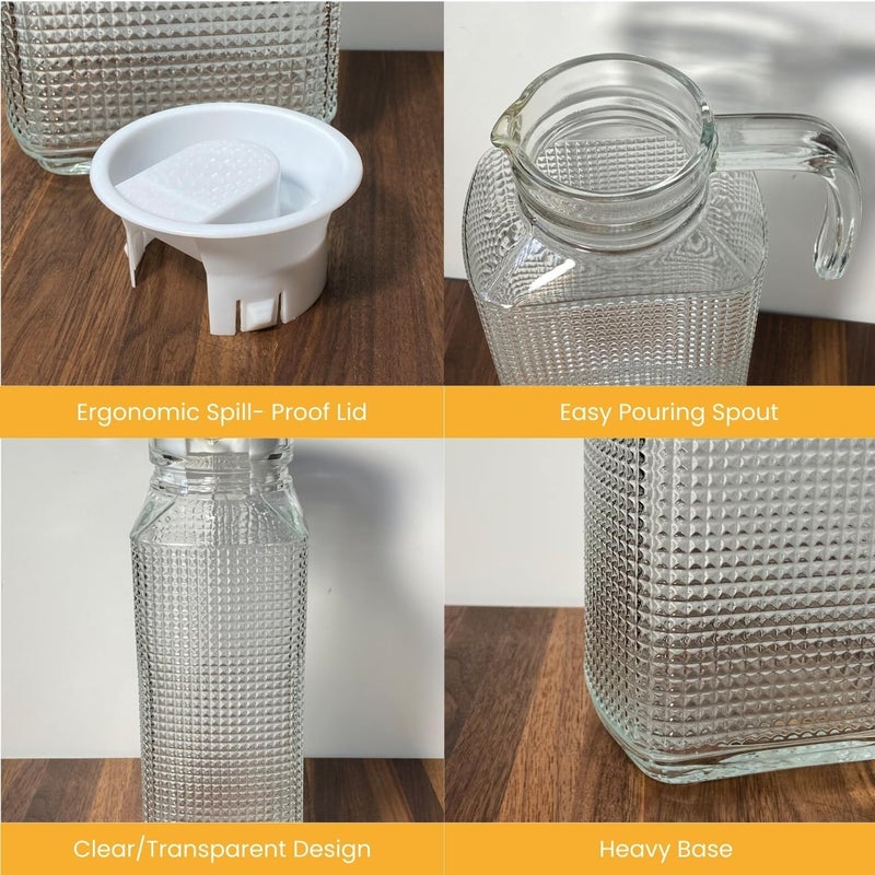 Glass Water Pitcher with Textured Design, 1.6L Capacity, Handle and Lid  - Image 4