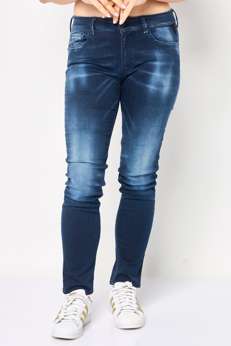 Replay Women Regular Fit Mid Waist Washed Denim Jeans, Navy - Image 1