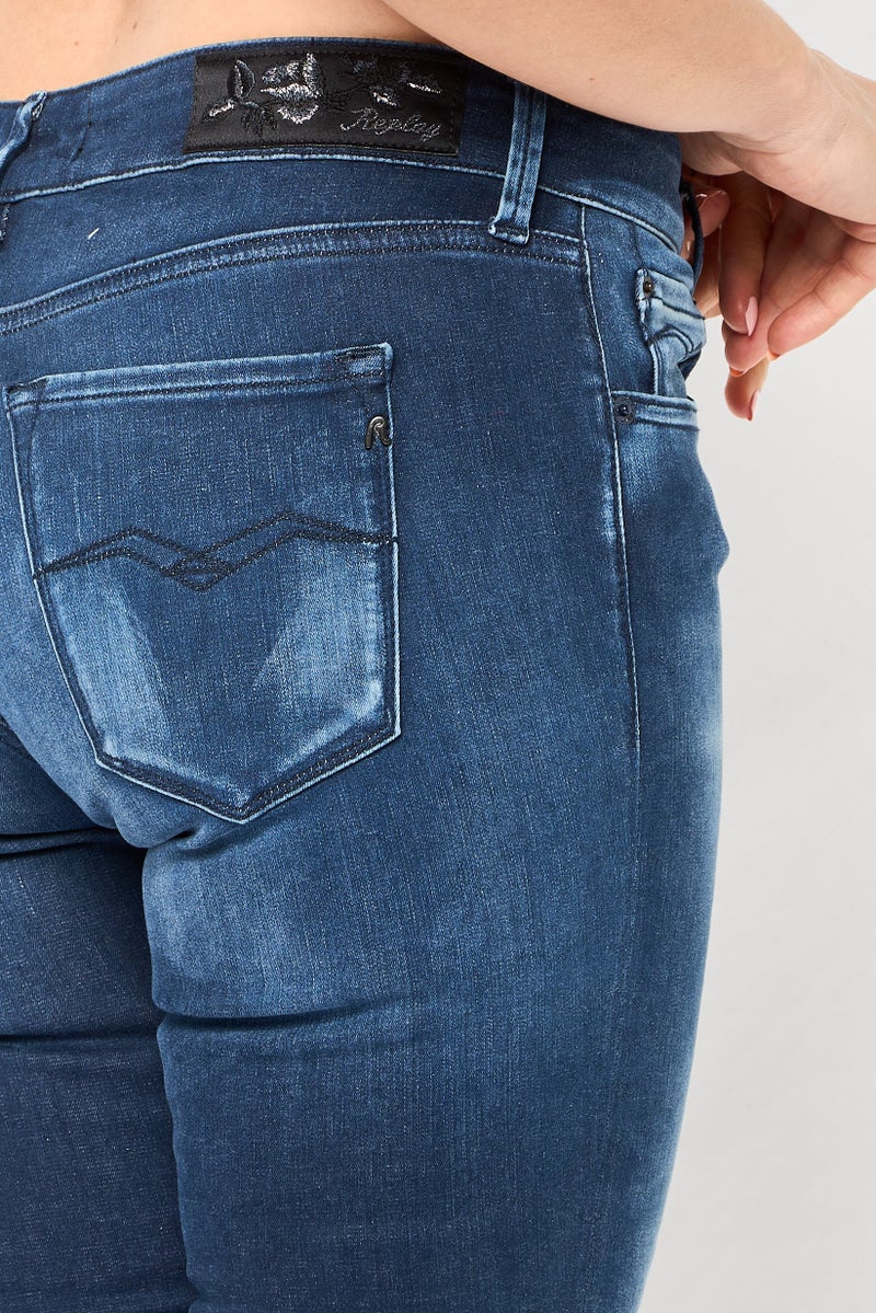 Replay Women Regular Fit Mid Waist Washed Denim Jeans, Navy - Image 3