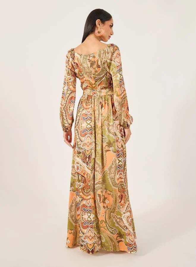 Styli Styli All-Over Print Cuffed Sleeves A-Line Maxi Dress
